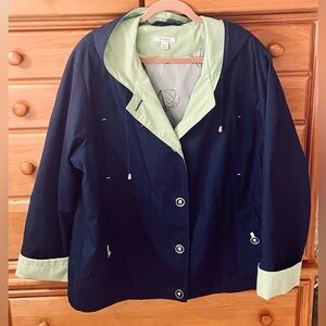 Dressbarn Blue Jacket with Green Trim and Printed Lining